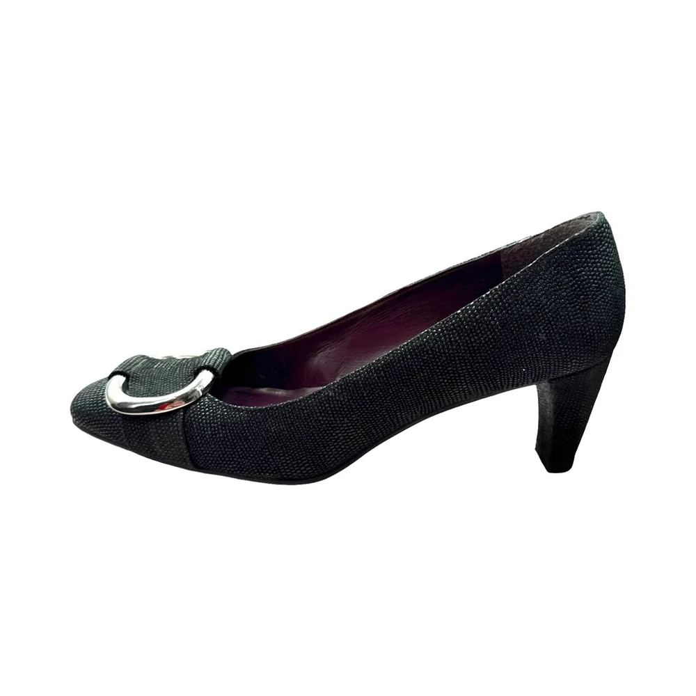 Stuart Weitzman Women's Pumps Size 6.5M Black Textured Fabric Silver Buckle Heel
